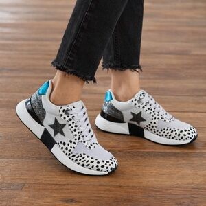 ShuShop White Dalmatian Spot Sneakers with Black Star & Blue Heel Tab